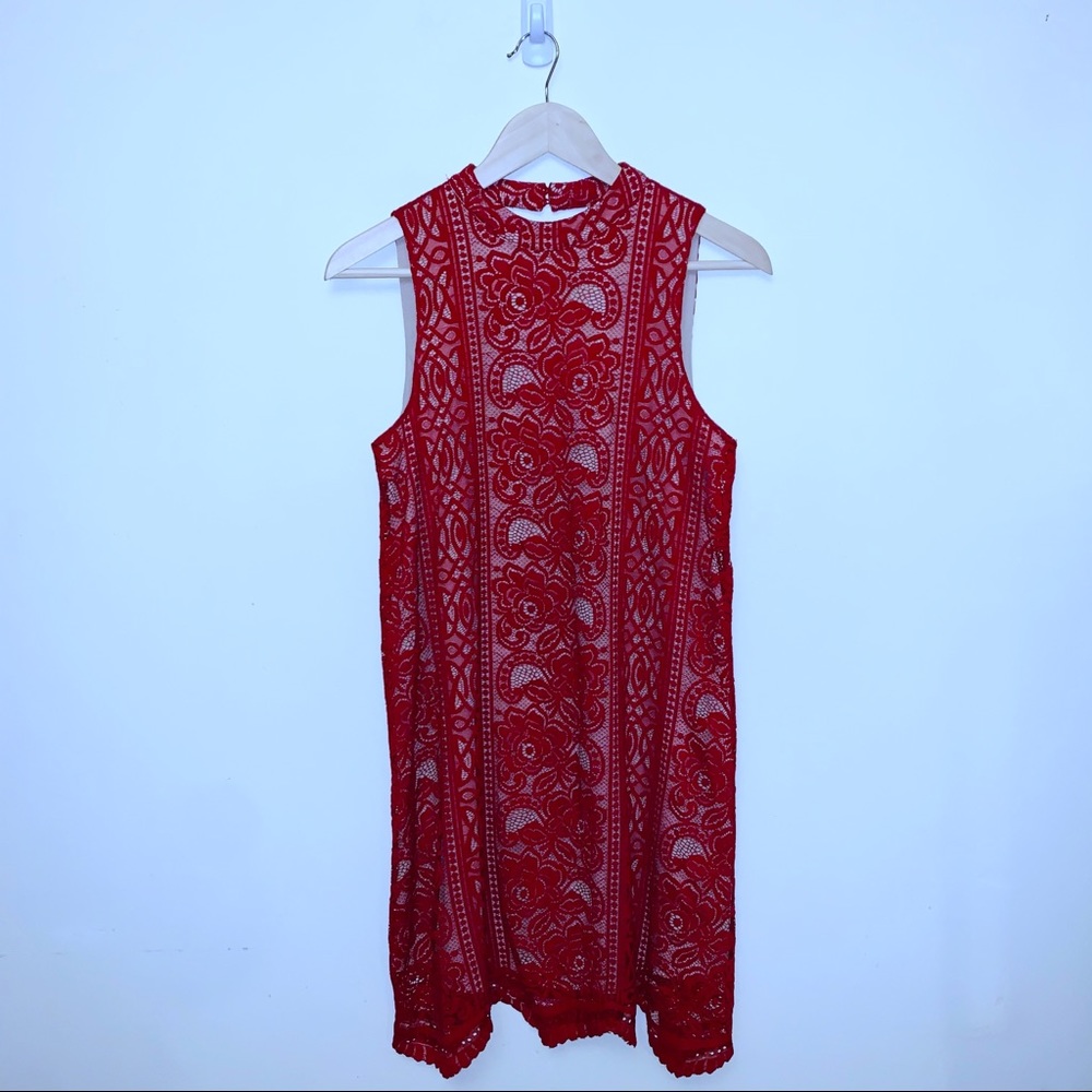 Love, Fire Lace Overlay Sleeveless Halter Dress